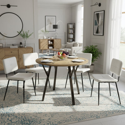 5-Piece Dining Table Set For 4, MDF Wood Top With Black Metal Legs And Upholstered Beige Chairs, Modern Kitchen & Dining Room Furniture