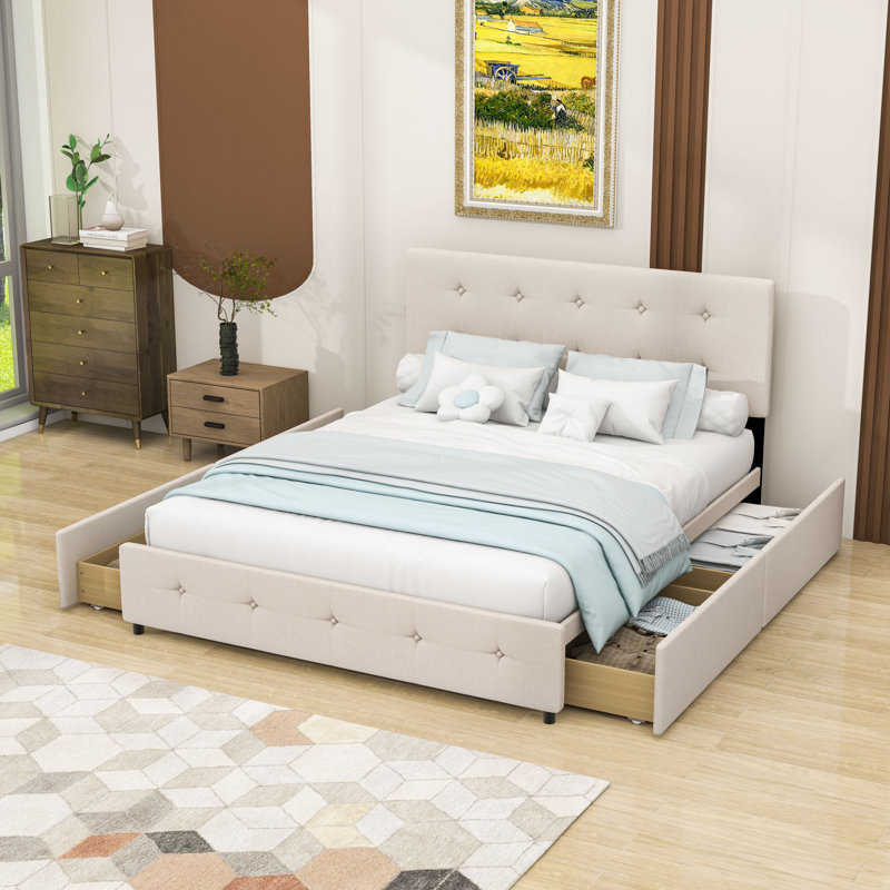 Queen Sized Upholstered Platform Bed with Tufted Headboard and Built-in Storage Drawers, Beige