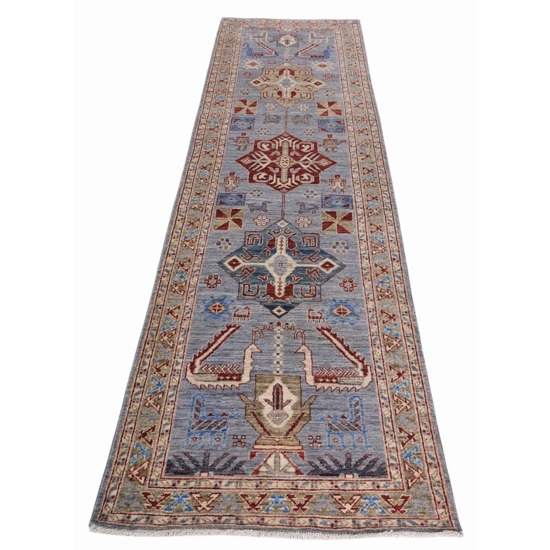 Hand Knotted Wool Area Rug in Silver And Sea Green