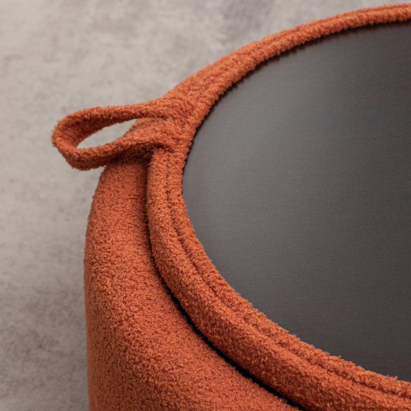 Savinien Upholstered Round Storage Ottoman, Orange Performance Boucle