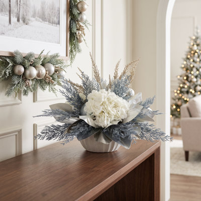 Holiday Centerpiece with Hydrangeas and Glitter Leaves