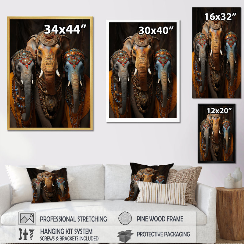 Art asiatique, éléphants thaïlandais sur toile, H 32 po x l 16 po x P 1 po, Cadre naturel flottant