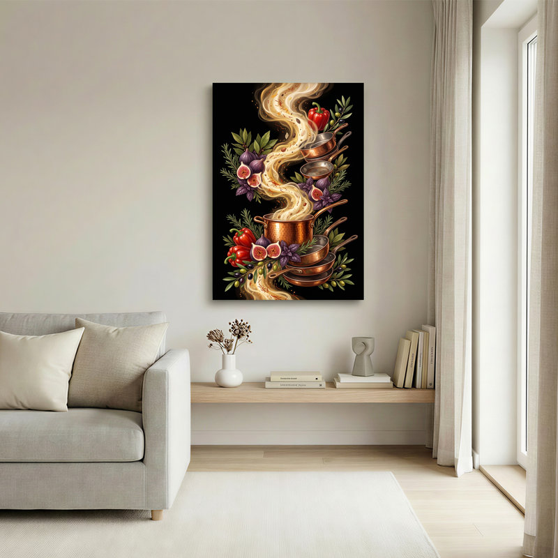 Art mural en cuivre pots et casseroles avec figues et poivrons sur toile noire, H 18 po x l 12 po