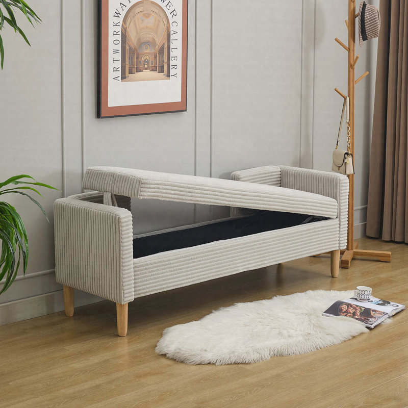 65.35" Corduroy Storage Bench with Armrests, Backrest and Bolster Pillows, Light Gray, Light Gray