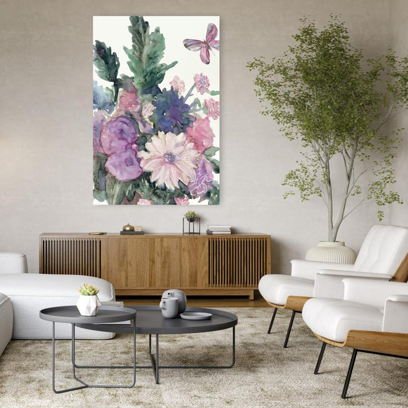 Printemps, fleurs, 1 délicat, vibrant, contemporain, papillon, art naturel, H 48 po x l 32 po