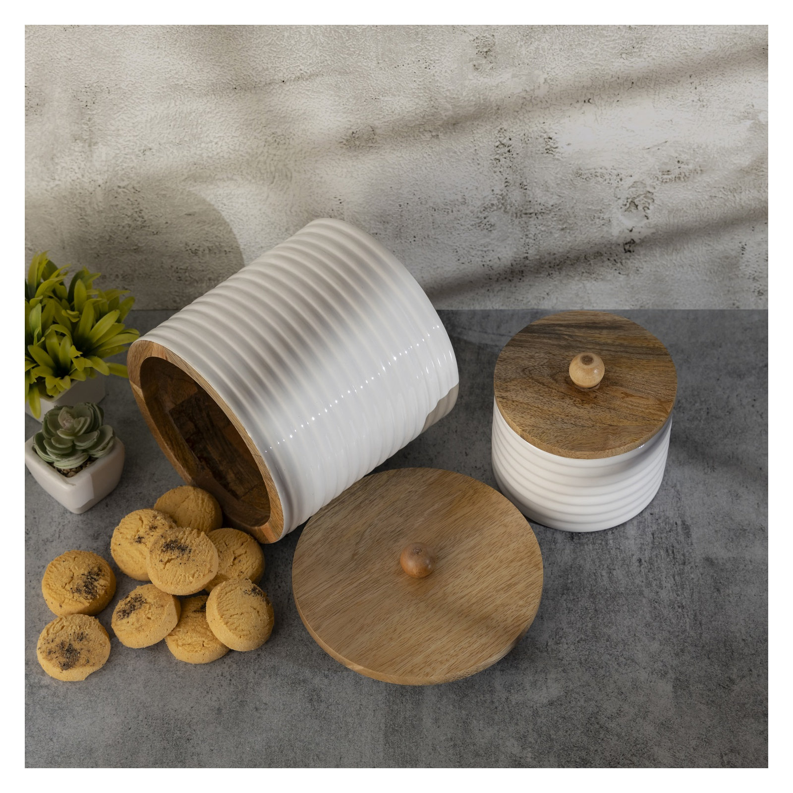 Mango Wood Canisters Set Of 2, White