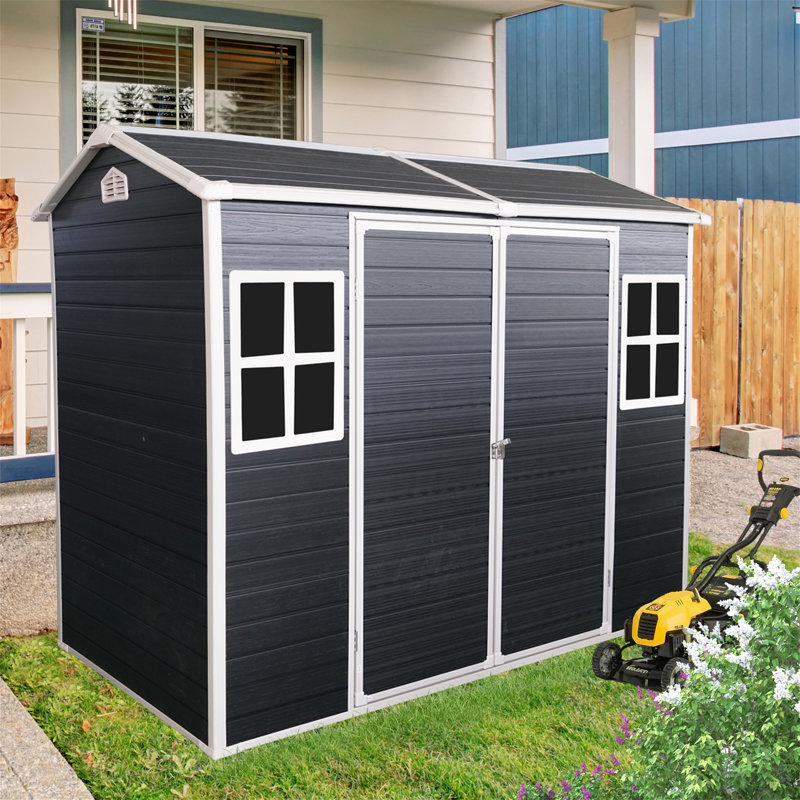 8X4ft Resin Outdoor Storage Shed With Two-Window And Double-Door, Black