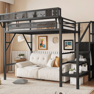 Lit mezzanine simple avec escalier, lit mezzanine double en métal avec tablettes de rangement, lit mezzanine haut avec garde-robe pour enfants, noir