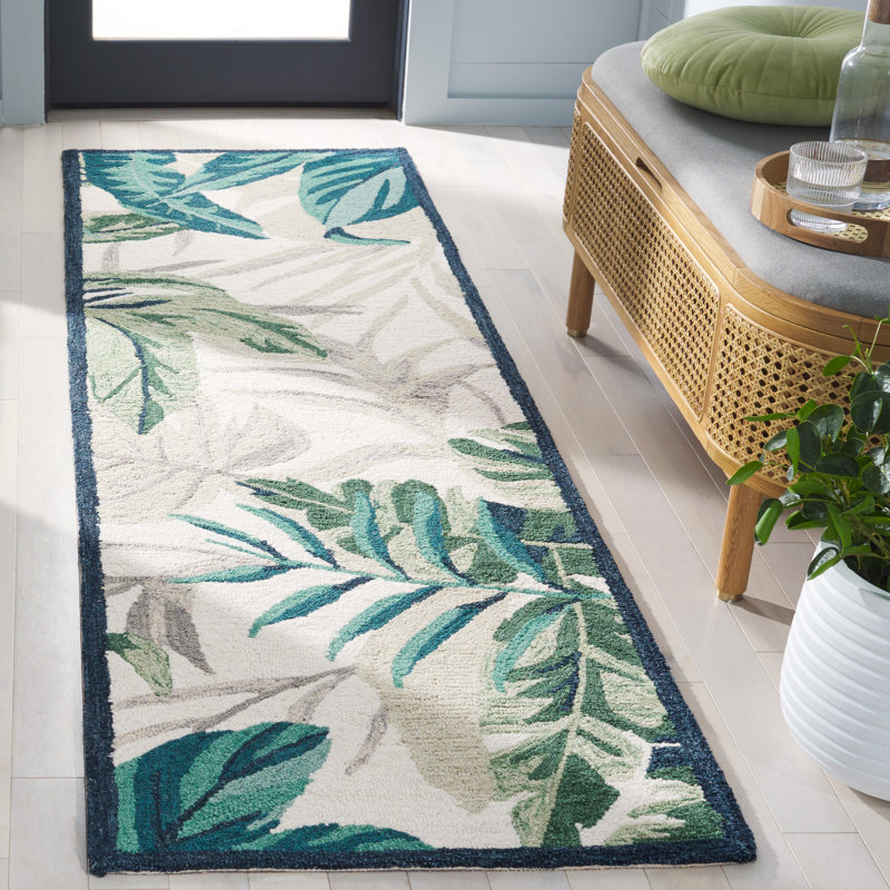Romary Hand Tufted Wool/Cotton Performance Floral Rug in Ivory/Green, Runner 2'6" x 8'