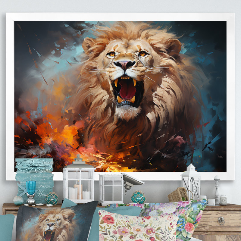 Lions, énergie indomptée sur toile, Cadre simple blanc, H 24 po x l 32 po x P 1 po