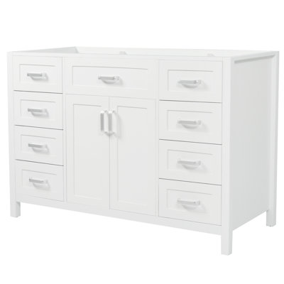 Meuble-lavabo de 47 po seulement, 2 portes à fermeture en douceur, 8 tiroirs, design classique, peint en blanc avec des pieds en pin massif, beaucoup d'espace de rangement, poignées en aluminium sans évier, style, couleur, et