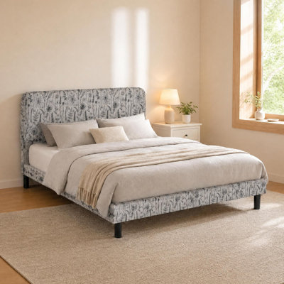 Full Upholstered Bed Frame with Adjustable Headboard, Botanical Print Fabric Platform Bed with Wooden Slat Support, Noise-Free, No Box Spring Needed