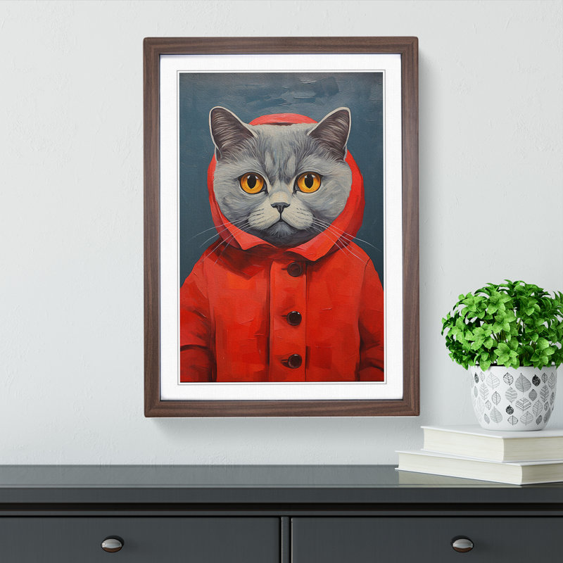 Cat Modern No.2 - Single Picture Frame Print on Wood, Walnut Framed, 34cm H x 25cm W x 2cm D