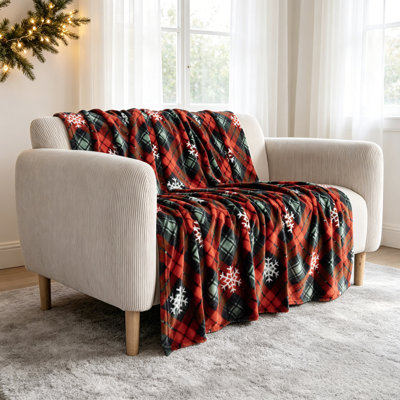 Holiday Plaid Snowflakes Plush Throw
