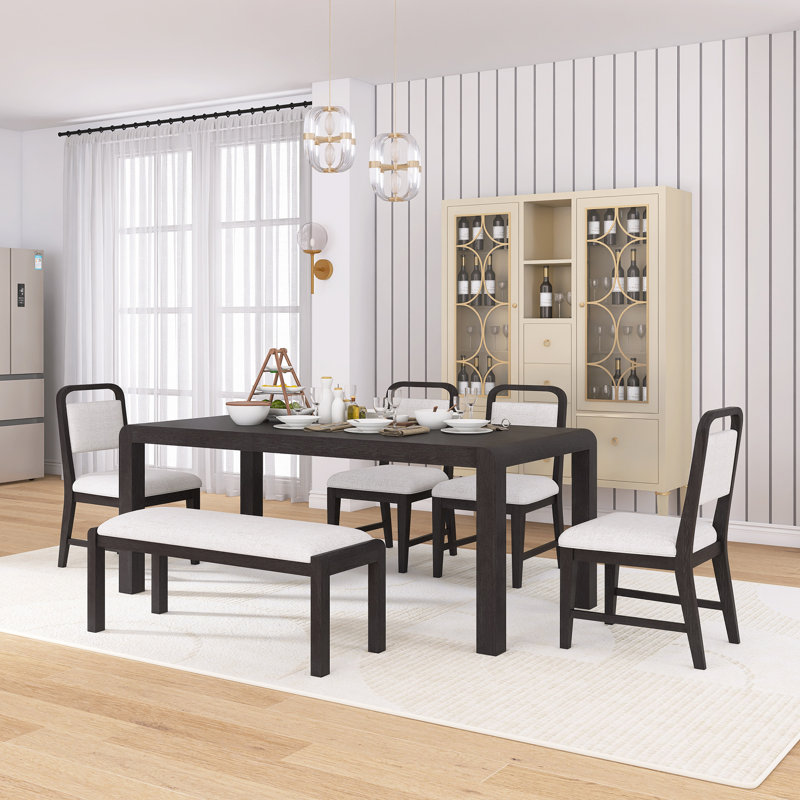 6-Piece Vintage Rectangular Extendable Dining Table Set,With 4 Ergonomic Upholstered Chairs And 1 Bench,A 12-Inch Removable Middle Leaf,Elegant Curved Legs,Easy Assembly