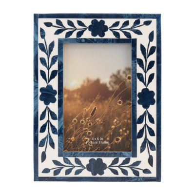 Amma 4" x 6" Picture Frame - Blue and White Floral Petals Polyresin Portrait Holder - Decorative Glass Frame for Home or Office - Sentimental Gift Idea