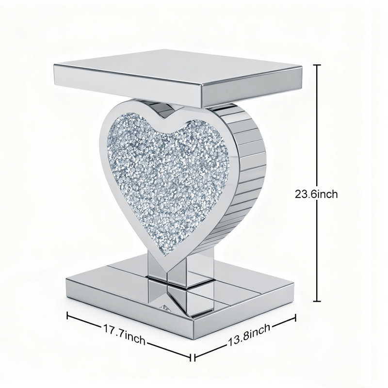 Table de bout en miroir argenté, table d'appoint en forme de cœur en cristal incrusté, petite table basse en miroir pour le salon, la chambre à coucher, le coin, H 24 po