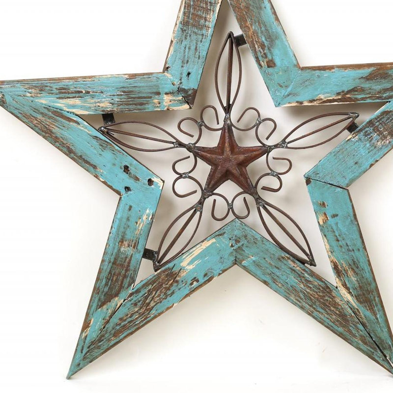 Sculpture dimensionnelle suspendue 20 po x 20 po turquoise et brun en bois et étoile de fer