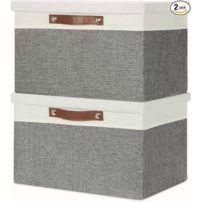 Bacs de rangement Boîtes de rangement avec couvercle, 2 paniers de rangement avec couvercle pour organiser les vêtements, bacs de rangement décoratifs avec poignées (blanc et gris, 15 po x 11 po x 9,5 po)