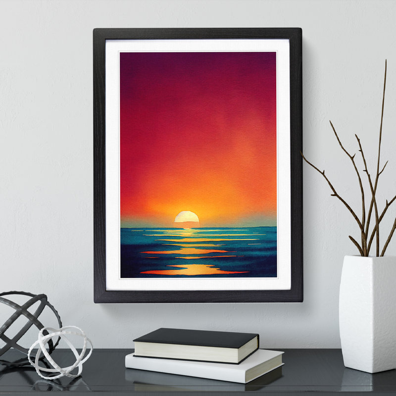 XV1022-624X An Ocean Sunset Watercolour No.4 - Single Picture Frame Print, Black, 64cm H x 46cm W