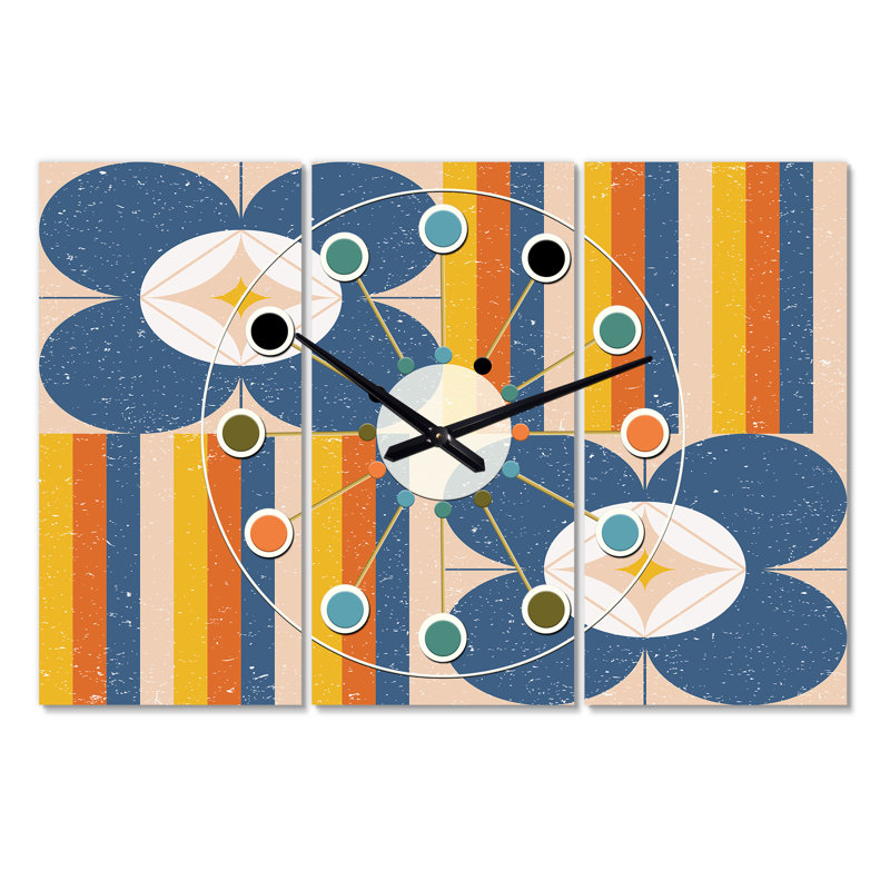 Horloge murale rétro surdimensionnée florale Mid-Century