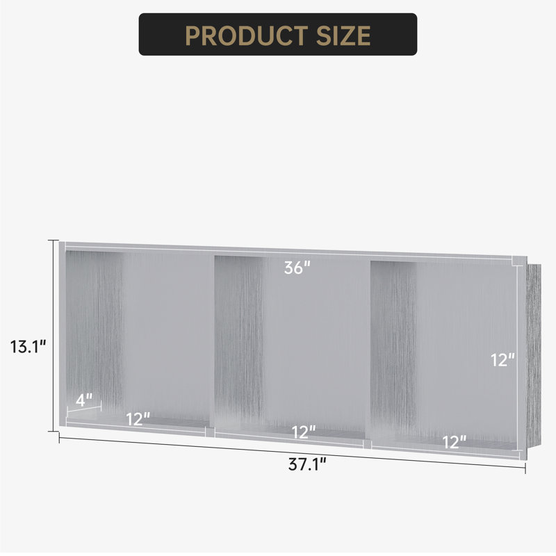 Niche de douche encastrée moderne en acier inoxydable - 3 niveaux 12 x 36 pouces - Étagère murale imperméable et antirouille - Installation facile sans carreaux - Gris, avec pente de drainage