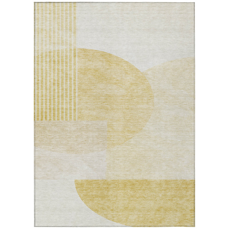 Tapis intérieur / extérieur géométrique lavable 5 pi x 8 pi doré et ivoire