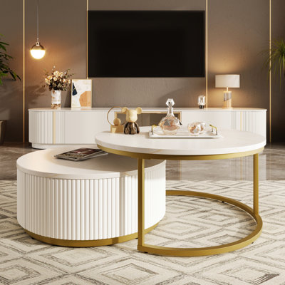 Table basse gigogne ronde élégante avec tiroir et rangement, coloris blanc et or
