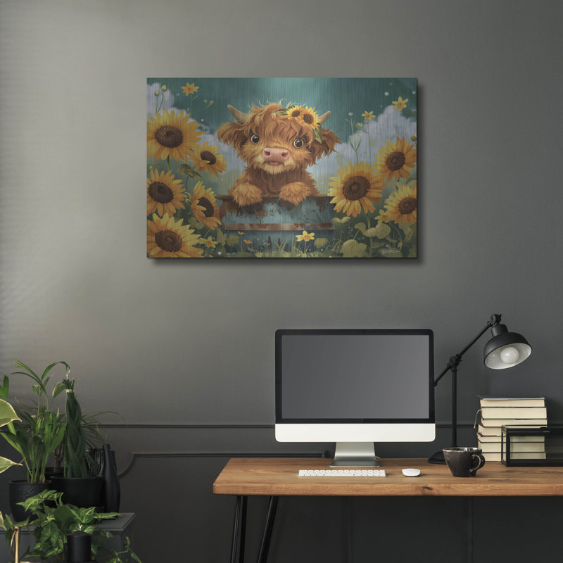 «A Cute Happy Highland Cow 2» par Momart, art mural en métal, H 24 po x l 36 po