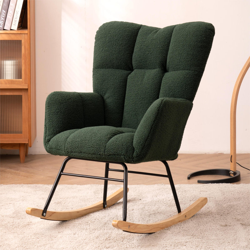 Moriah Dark Green Teddy Fabric Tufted Upholstered Rocking Chair, Dark Green Teddy