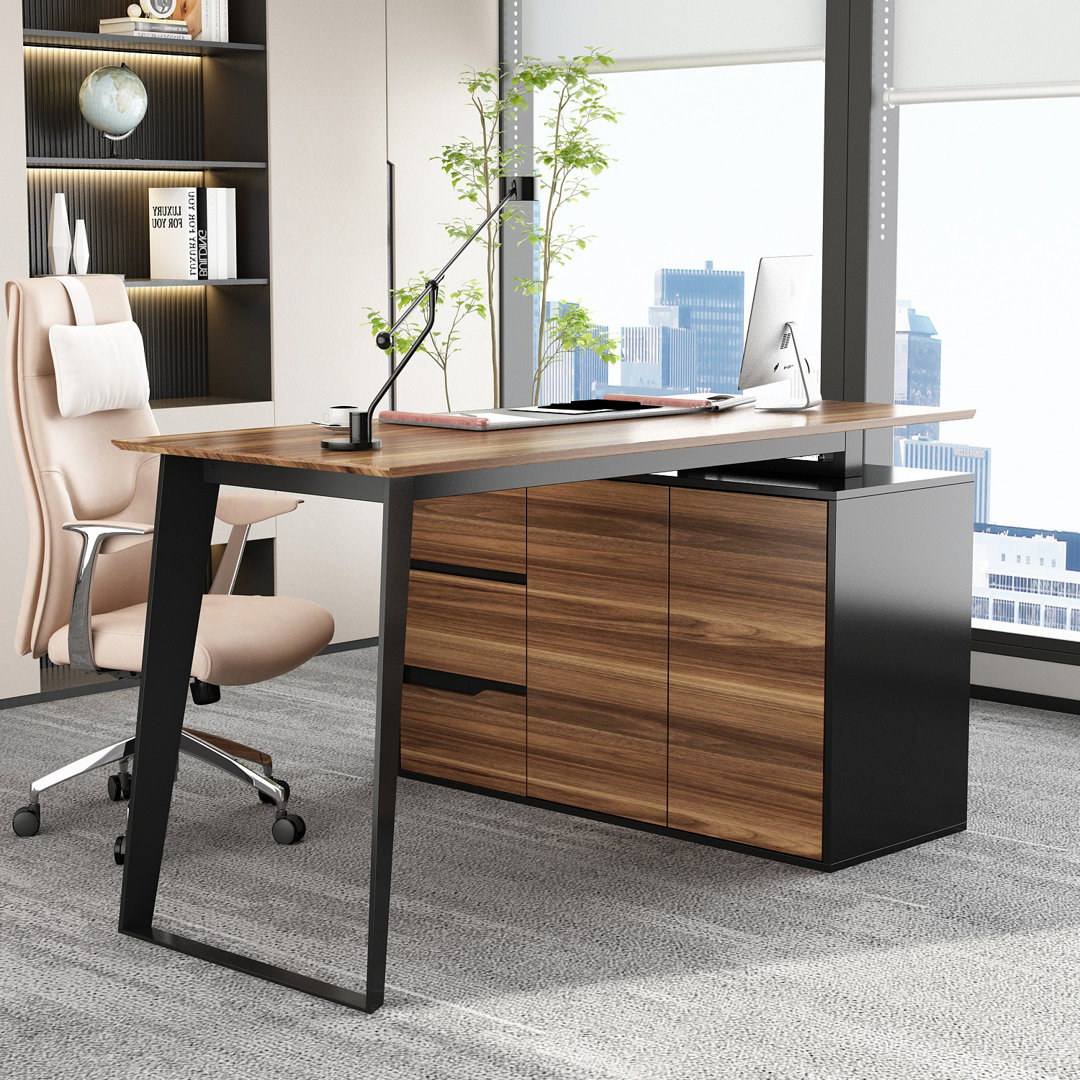 Contemporary L-Shaped Desk With Storage Cabinet And Wide Workspace - Natural Wood And Black/White Finish 17 Stories Frame 
