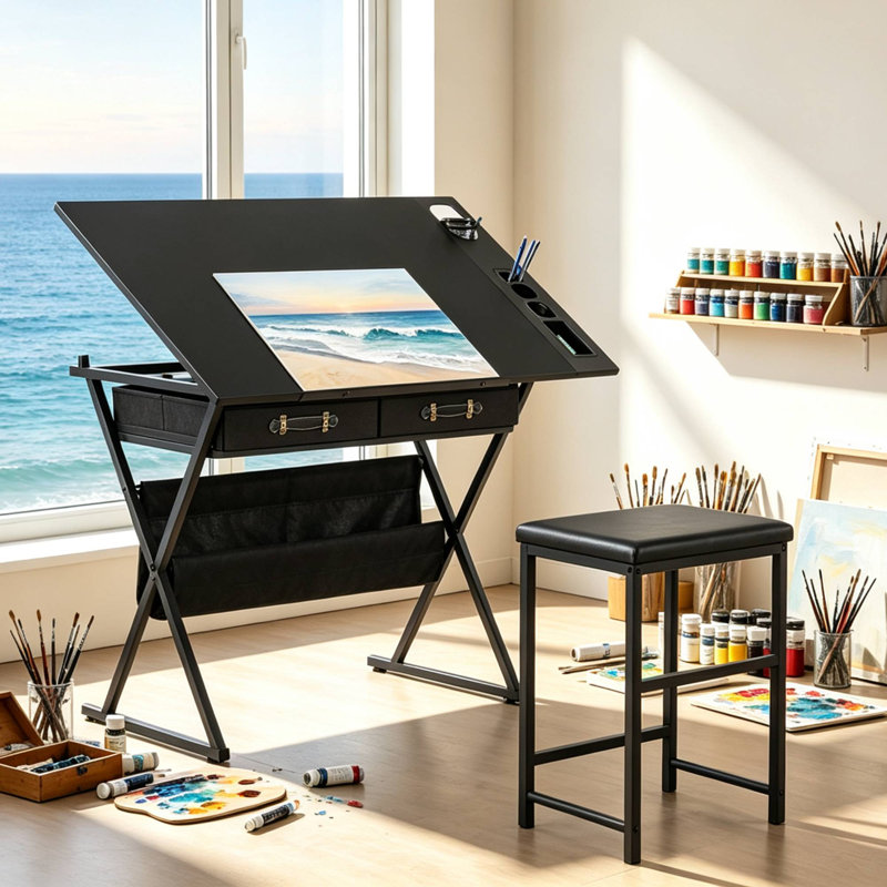 Bureau de dessin avec tabouret Yumisani, Noir