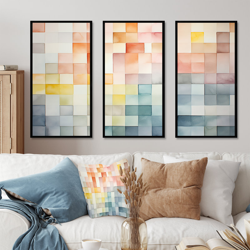 Motif de cubes multicolores II - art mural géométrique, Cadre flottant noir, H 32 po x l 48 po x P 1 po