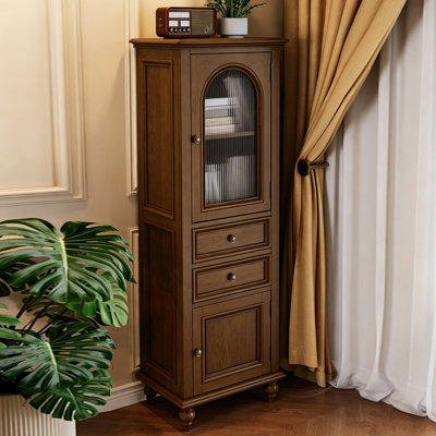 Vintage Solid Ash Tall Cabinet with Arched Glass Doors & Dual Drawers, Multi-functional Wine Storage Side Cabinet for TV Side, Living Room, Dining Room & Entryway Home Use