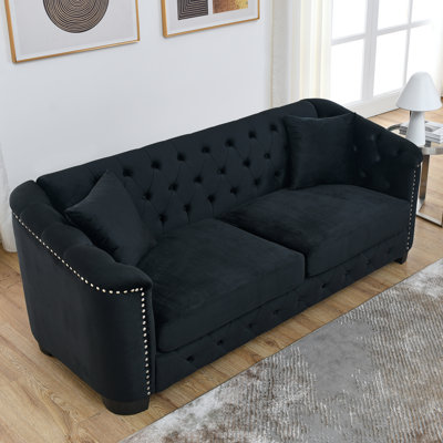  Canapé Chesterfield 77 po 77 po, élégant canapé 3 places avec garniture cloutée et accoudoirs roulés pour le salon, noir
