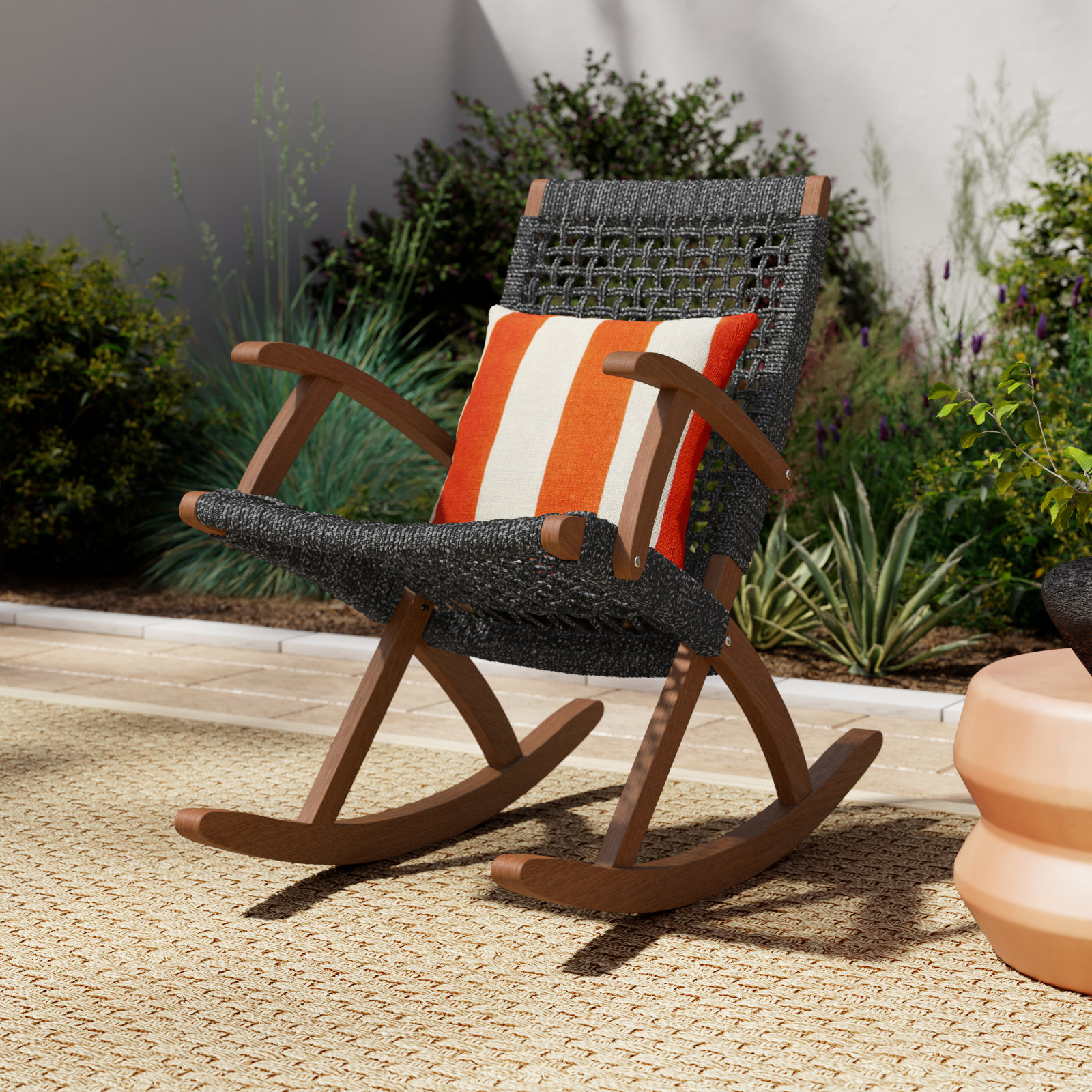 Brayson Eucalyptus Patio Rocking Chair, Umber Brown/Gray Rope