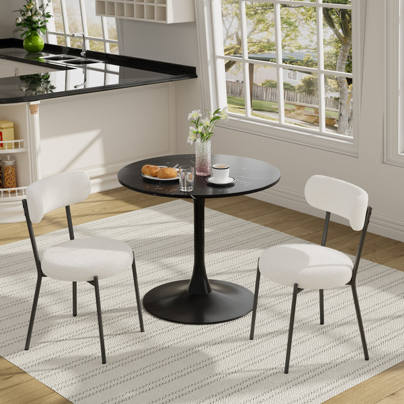 3 Piece Dining Room Round Table and Teddy Chairs Set, Black, White
