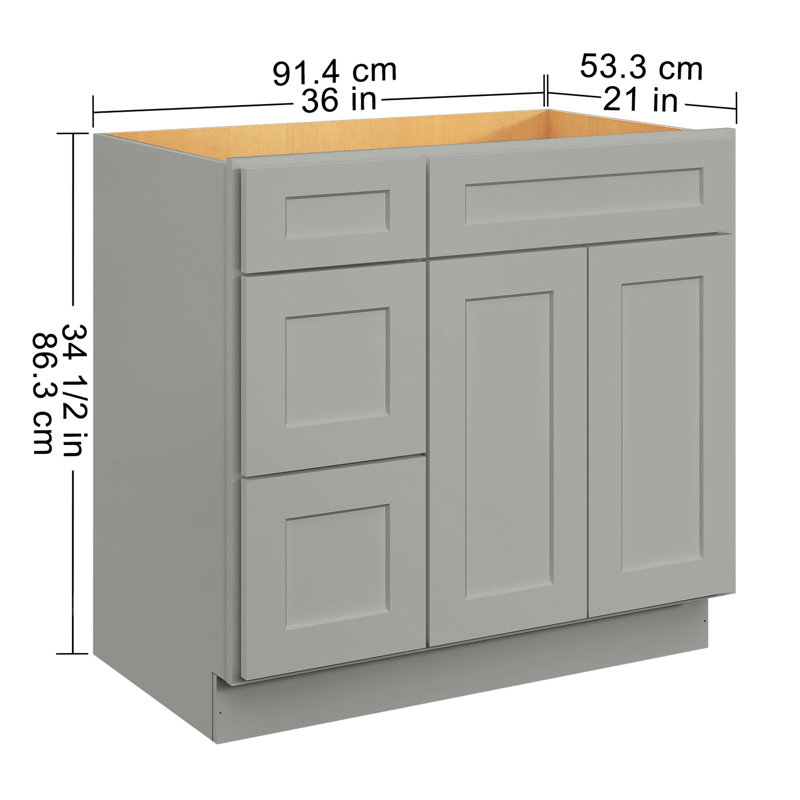 Armoire de base de lavabo en contreplaqué gris l 36 po x P 21 po H 34,5 po - Salle de bain imperméable avec porte à gauche 36 po 21 34,5 Shaker pour un fonctionnement silencieux