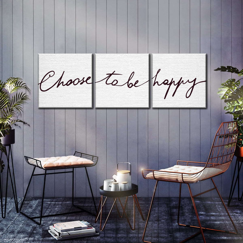 «Happiness Quotes Choisir d'être heureux», ensemble de 3 pièces sur toile par Eleanor L., H 8 po x l 26 po x P 1 po