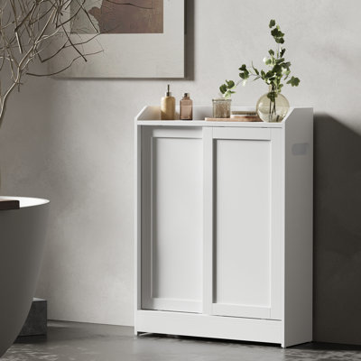 Storage Cabinet with Toilet Paper Holder and Brush Compartment, Sliding Doors, Adjustable Shelves