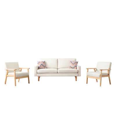 Fauteuil 5 et 2 en lin beige avec coussins décoratifs 70 po et 5 po, avec garniture de pieds naturels et chaises 70 po, approche à 5 places, propriété de style bois