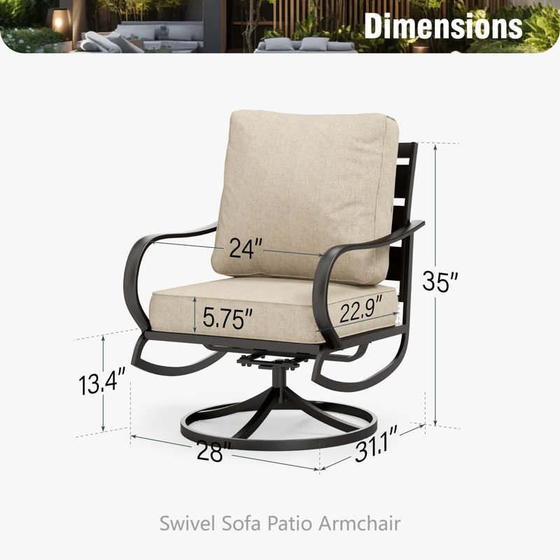 Argirios Metal Patio Swivel Chair with Cushions (Set of 2), Beige