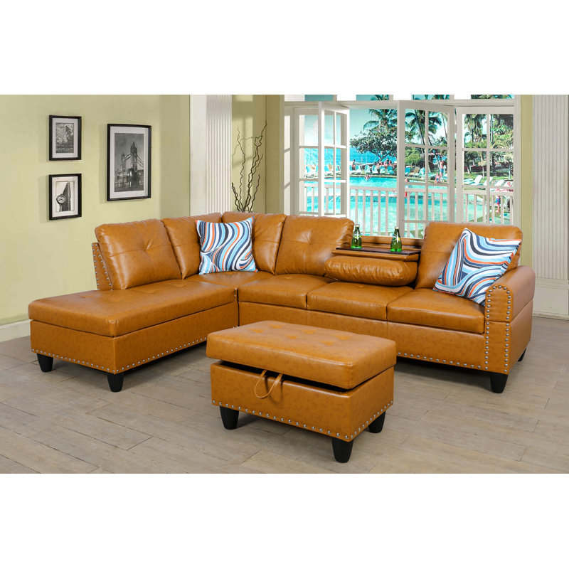 Plyler 97.2" Wide Modular Sectional with Ottoman, Left Hand Facing, Ginger Faux Leather