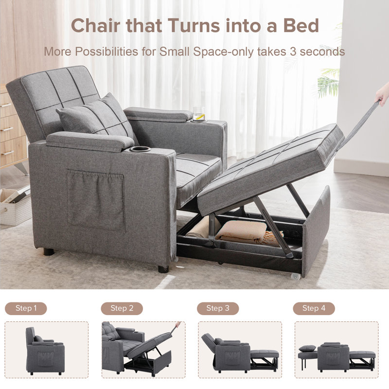 Kevron 35.43'' 3-in-1 Futon Armchair Bed Sleeper with Cup Holders, Side Pockets