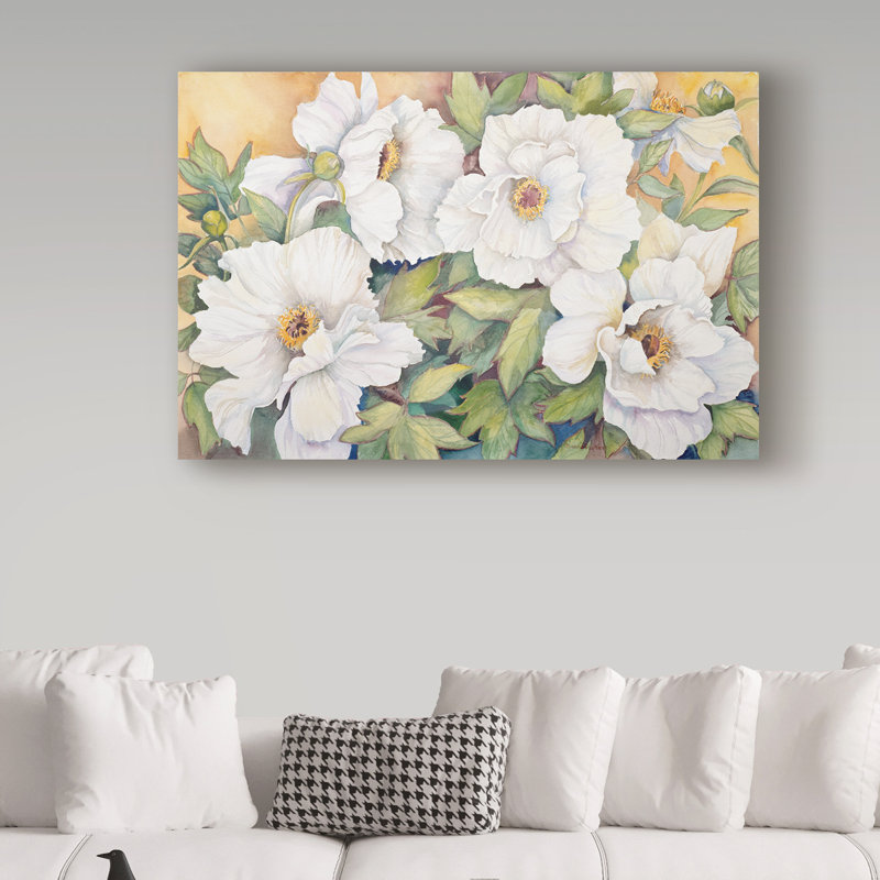 Deetra «Peony's Dressed in White», reproduction de peinture à l'acrylique sur toile tendue, H 30 po x l 47 po x P 2 po