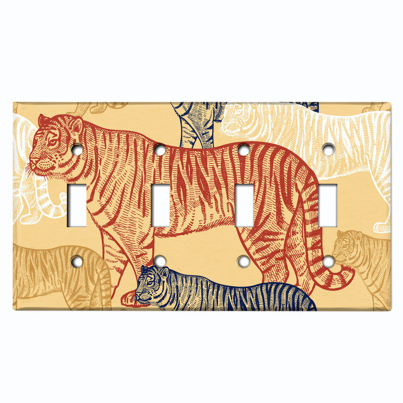 Metal Light Switch Plate Cover; US Standard Size 2 Gang Toggle - Tiger Drawings, #4 Quad Toggle