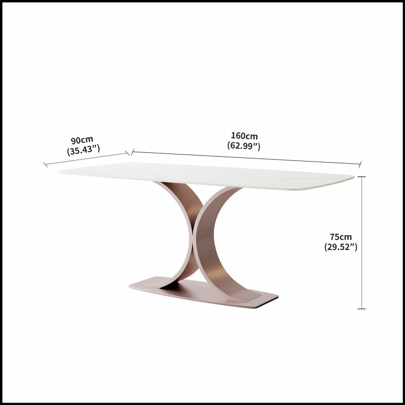 Table de salle à manger élégante en cuivre rouge et acier au carbone avec plateau en pierre Snow Mountain brillant, capacité de charge élevée pour les maisons modernes