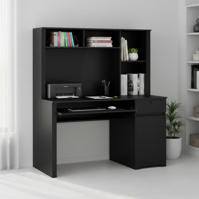 Bureau d'ordinateur avec armoire et bibliothèque, bureau pour ordinateur portable avec tiroirs, comprenant 3 prises de courant alternatif et 2 ports de charge USB