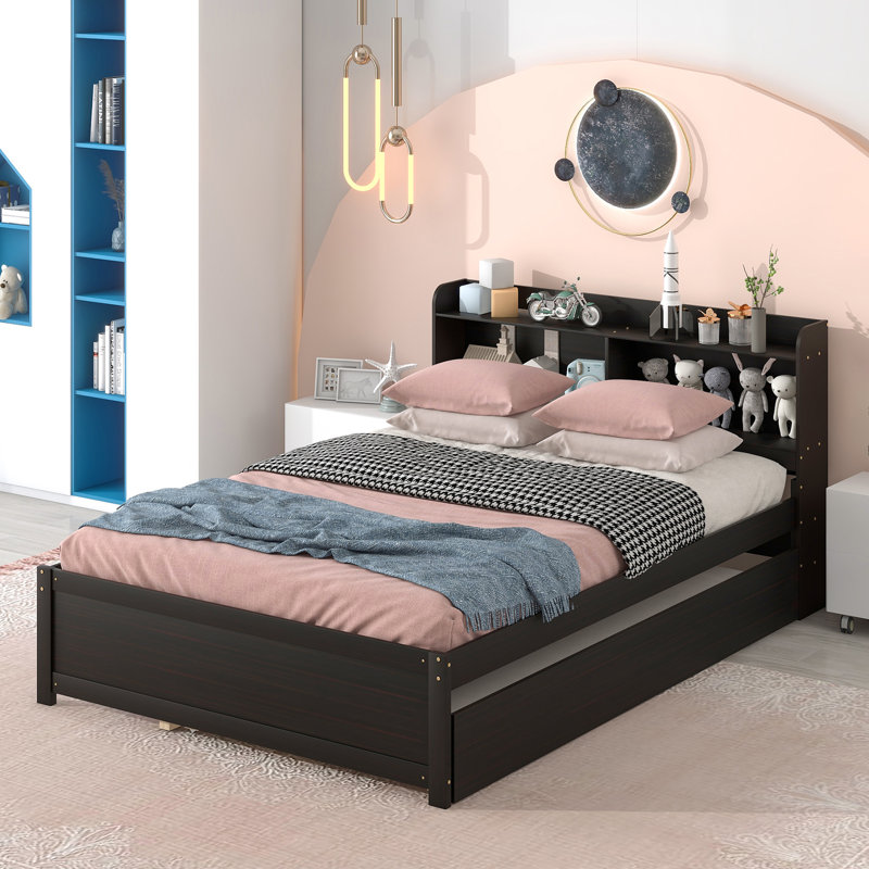 Teen Bed Platform Standard Bed With Bookcase And Twin Trundle, Espresso, Full