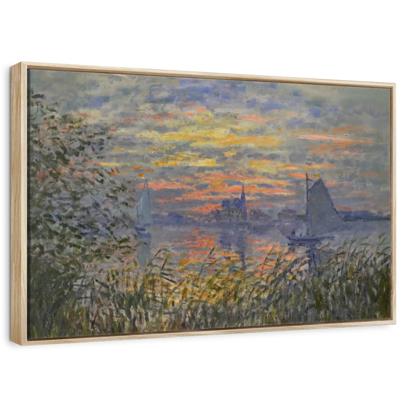Vue marine avec coucher de soleil, Cadre flottant en bois naturel, 37 po x 25 po